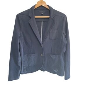 Lands End Navy Blue Knit Blazer Jacket Button Front Pockets Womens Size Medium